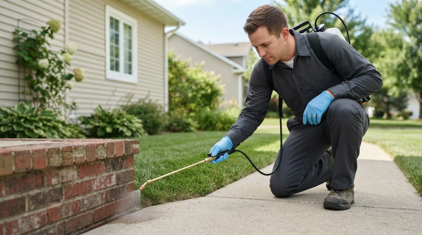 Pest control technician treating a home near Bingham Canyon, UT